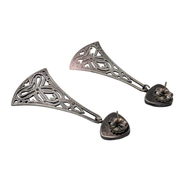 Vtg Tabra 14K Gold Post 925 Sterling Silver Carved Onyx Drop Earrings 18.34g - Picture 10 of 13